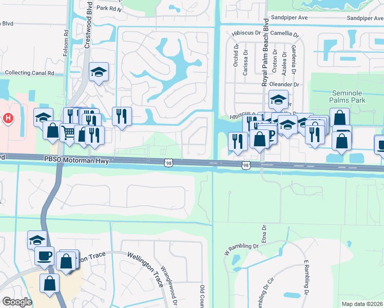 map of restaurants, bars, coffee shops, grocery stores, and more near 105 Brook Woode Court in Royal Palm Beach