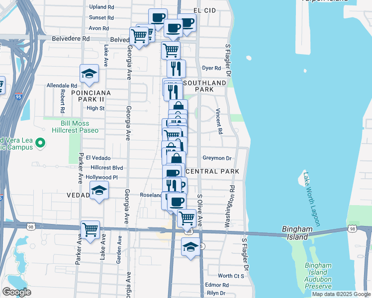 map of restaurants, bars, coffee shops, grocery stores, and more near 320 Greenwood Drive in West Palm Beach