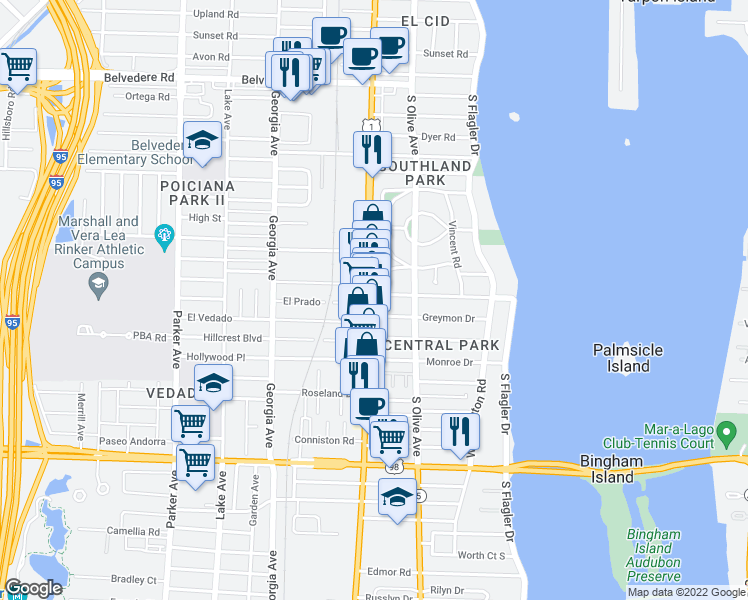 map of restaurants, bars, coffee shops, grocery stores, and more near 415 El Prado in West Palm Beach