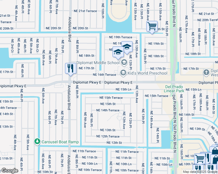 map of restaurants, bars, coffee shops, grocery stores, and more near 1033 Northeast 15th Lane in Cape Coral