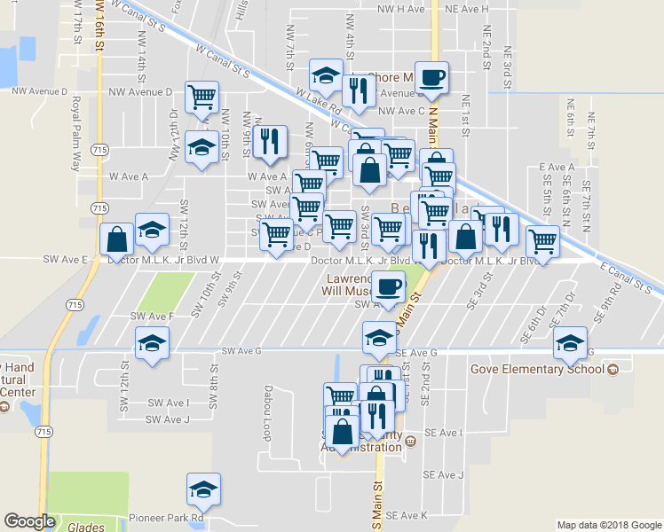 map of restaurants, bars, coffee shops, grocery stores, and more near 458 Doctor Martin Luther King Junior Boulevard West in Belle Glade