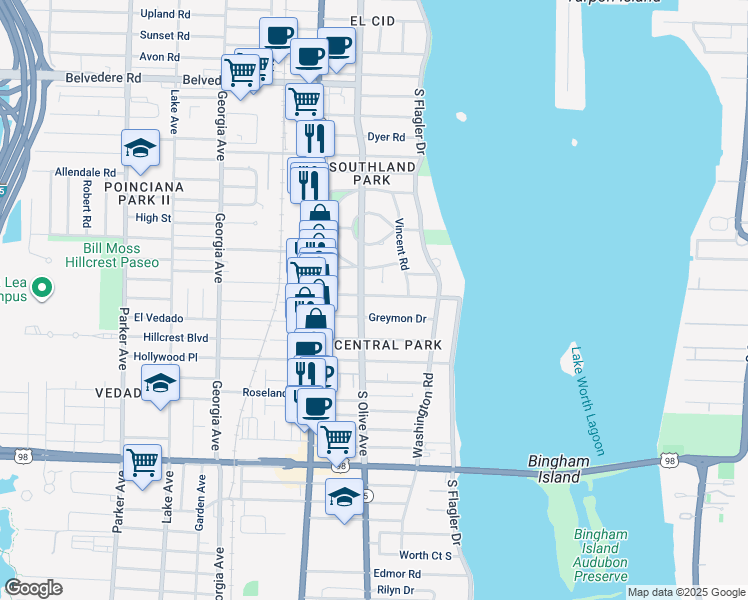 map of restaurants, bars, coffee shops, grocery stores, and more near 228 Greenwood Drive in West Palm Beach