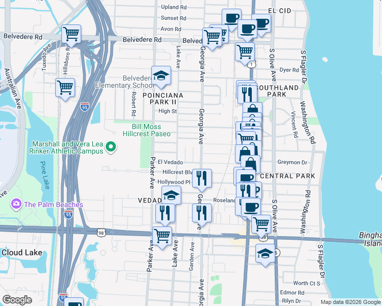 map of restaurants, bars, coffee shops, grocery stores, and more near 3329 El Vedado Court East in West Palm Beach