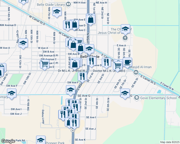 map of restaurants, bars, coffee shops, grocery stores, and more near 512 Southeast 1st Street in Belle Glade