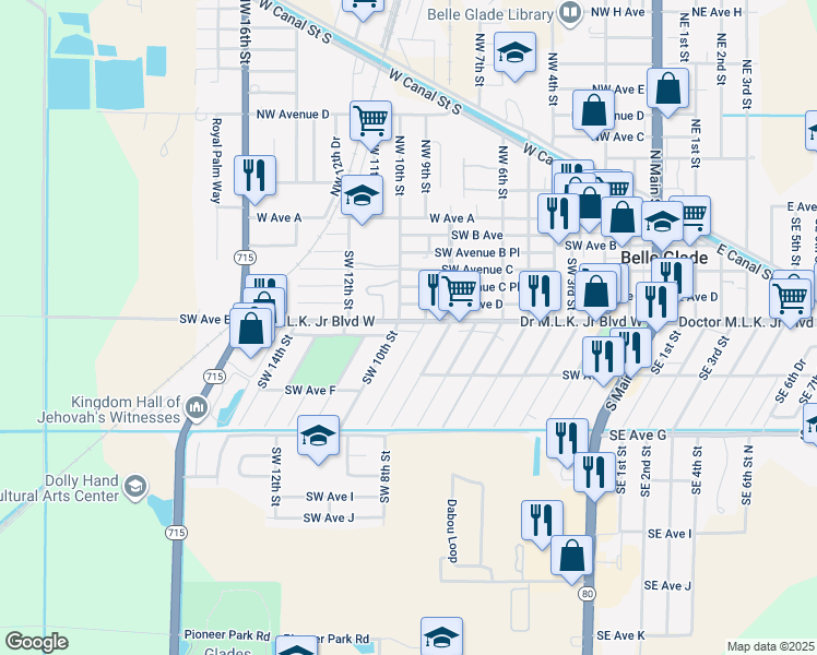map of restaurants, bars, coffee shops, grocery stores, and more near 948 Drive Martin Luther King Junior Boulevard West in Belle Glade