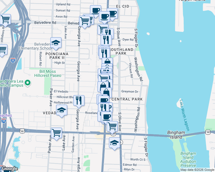 map of restaurants, bars, coffee shops, grocery stores, and more near 415 El Prado in West Palm Beach