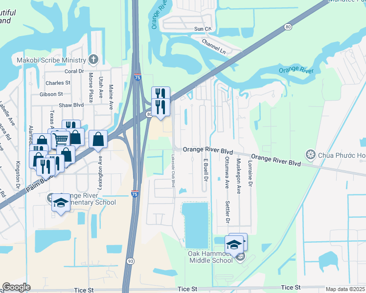 map of restaurants, bars, coffee shops, grocery stores, and more near 9861 Orange River Boulevard in Fort Myers