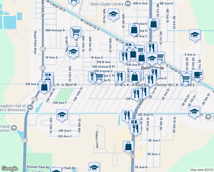 map of restaurants, bars, coffee shops, grocery stores, and more near 612 Southwest Avenue East in Belle Glade