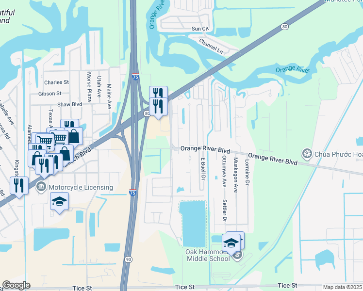 map of restaurants, bars, coffee shops, grocery stores, and more near 9861 Orange River Boulevard in Fort Myers