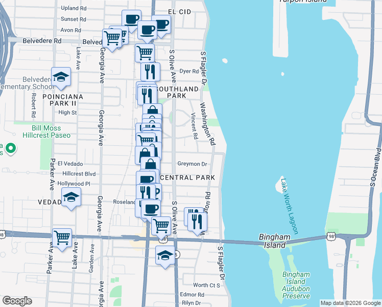 map of restaurants, bars, coffee shops, grocery stores, and more near 170 Greenwood Drive in West Palm Beach