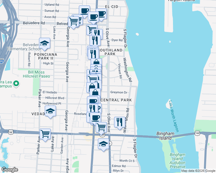 map of restaurants, bars, coffee shops, grocery stores, and more near 228 Greenwood Drive in West Palm Beach