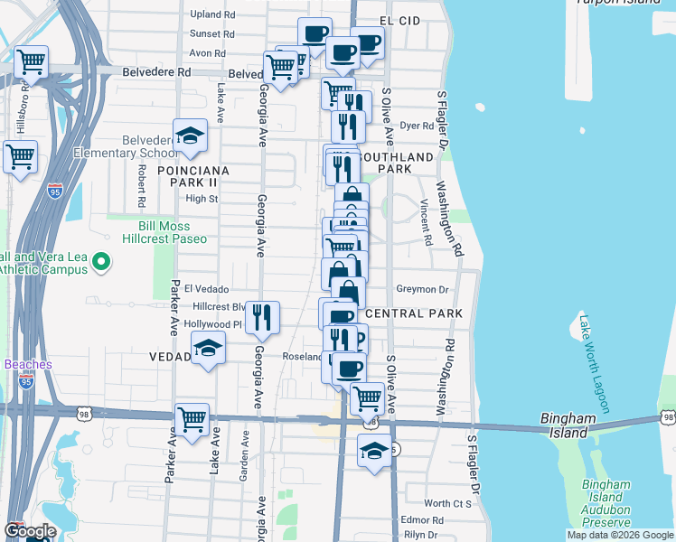 map of restaurants, bars, coffee shops, grocery stores, and more near 415 El Prado in West Palm Beach