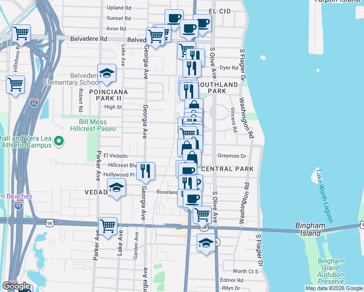 map of restaurants, bars, coffee shops, grocery stores, and more near 415 El Prado in West Palm Beach