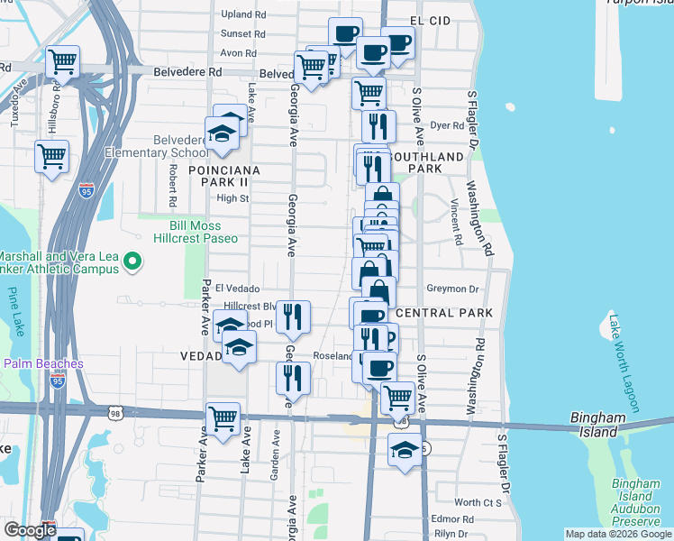 map of restaurants, bars, coffee shops, grocery stores, and more near 503 El Prado in West Palm Beach