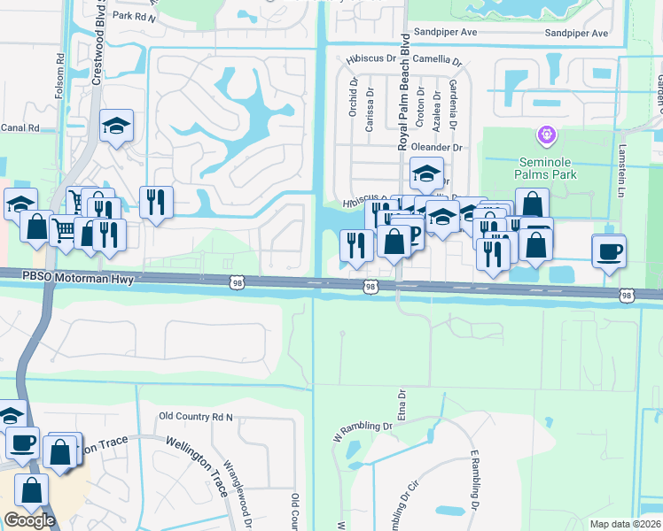 map of restaurants, bars, coffee shops, grocery stores, and more near 11903 Southern Boulevard in Royal Palm Beach