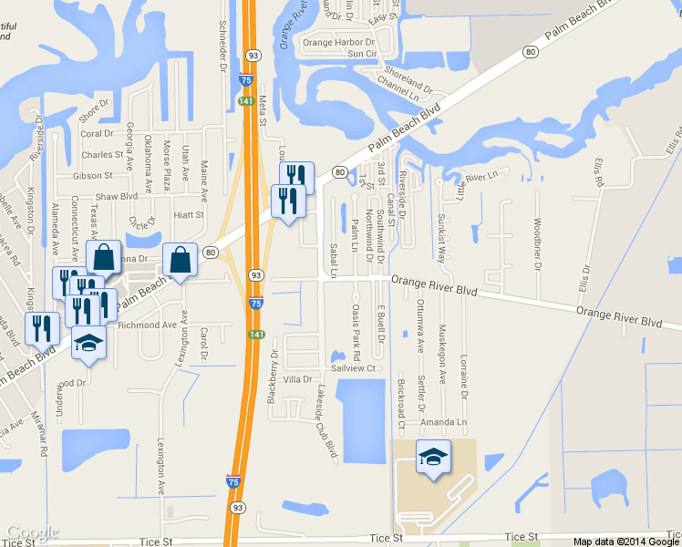 map of restaurants, bars, coffee shops, grocery stores, and more near 9861 Orange River Boulevard in Fort Myers