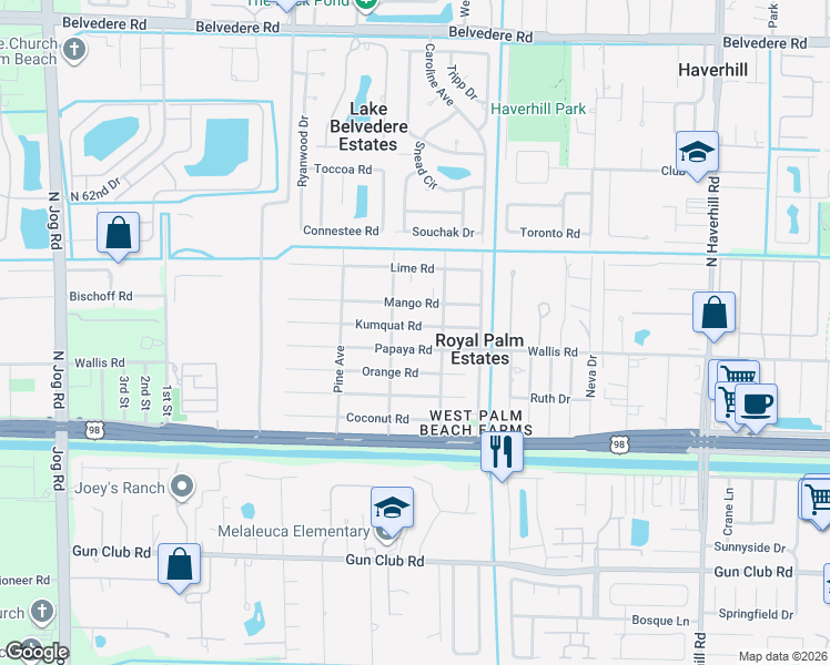 map of restaurants, bars, coffee shops, grocery stores, and more near 5692 Kumquat Road in West Palm Beach