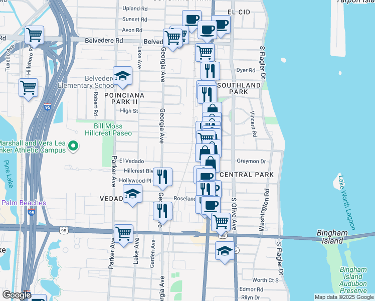 map of restaurants, bars, coffee shops, grocery stores, and more near 503 El Prado in West Palm Beach