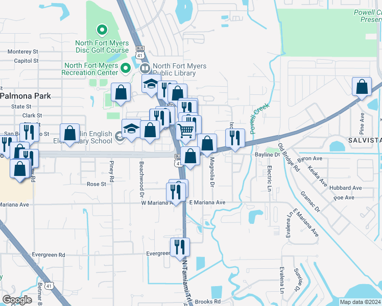 map of restaurants, bars, coffee shops, grocery stores, and more near 4529 Bayshore Road in North Fort Myers