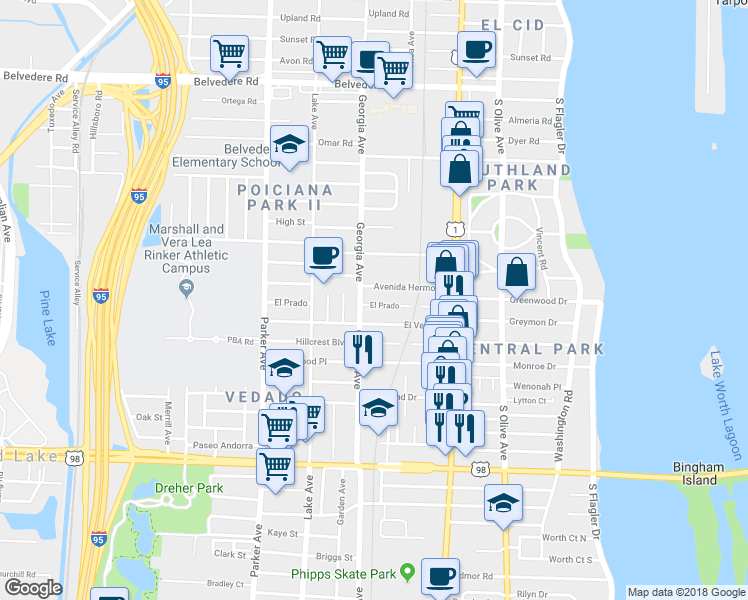 map of restaurants, bars, coffee shops, grocery stores, and more near 615 El Prado in West Palm Beach