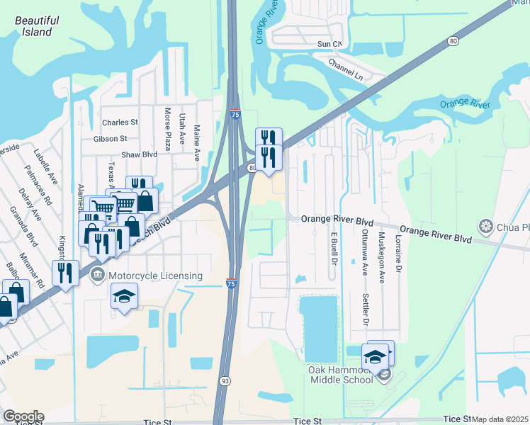 map of restaurants, bars, coffee shops, grocery stores, and more near 9701 Orange River Boulevard in Fort Myers