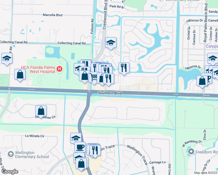 map of restaurants, bars, coffee shops, grocery stores, and more near 11959 Southern Boulevard in Royal Palm Beach