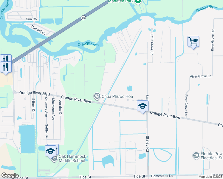map of restaurants, bars, coffee shops, grocery stores, and more near 10751 Orange River Boulevard in Fort Myers