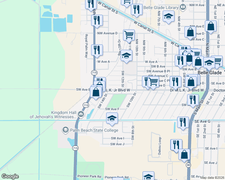 map of restaurants, bars, coffee shops, grocery stores, and more near in Belle Glade