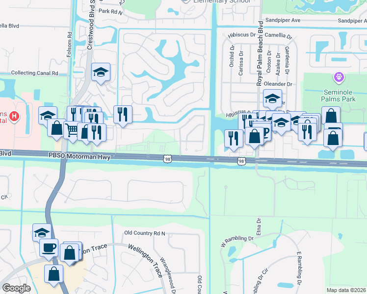 map of restaurants, bars, coffee shops, grocery stores, and more near 104 Brook Woode Court in Royal Palm Beach