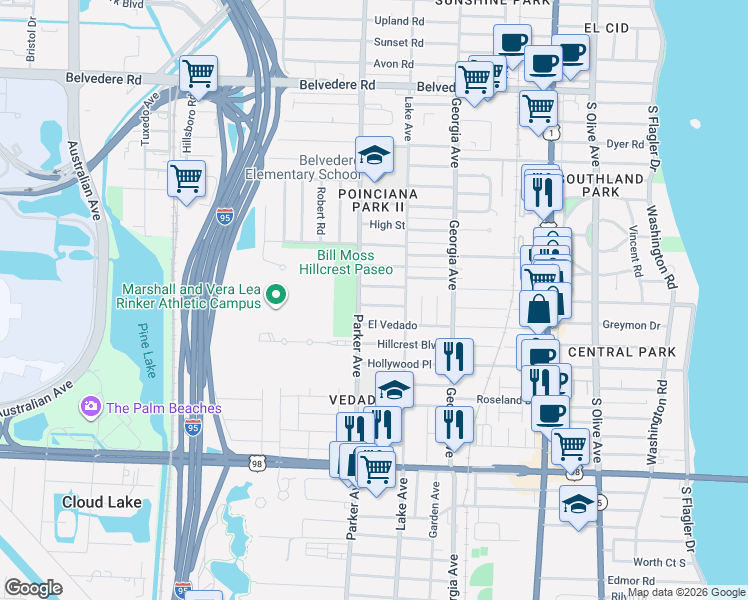 map of restaurants, bars, coffee shops, grocery stores, and more near 838 El Prado in West Palm Beach