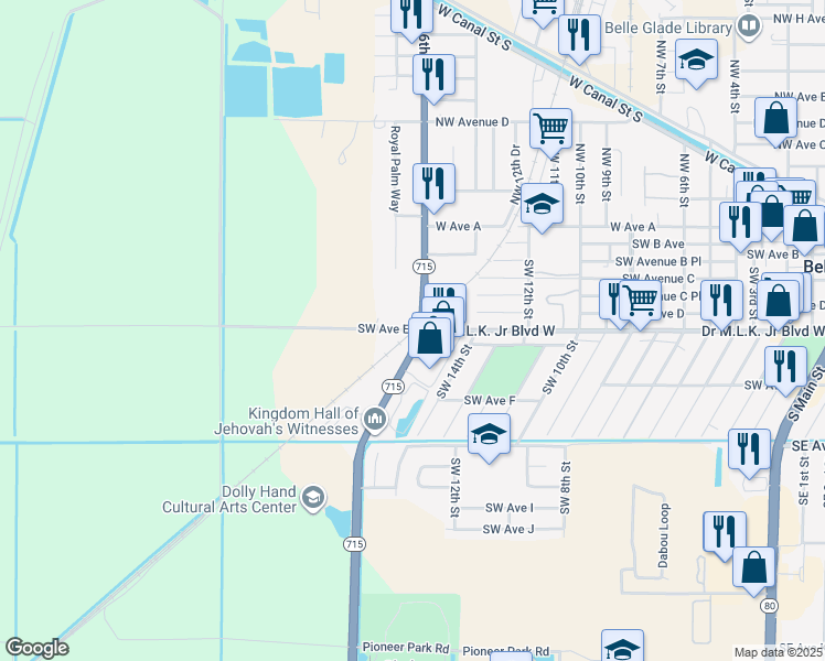 map of restaurants, bars, coffee shops, grocery stores, and more near Southwest Avenue East in Belle Glade