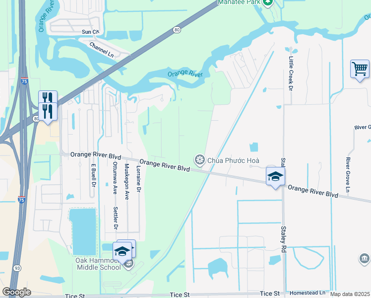 map of restaurants, bars, coffee shops, grocery stores, and more near 4225 Woodbrier Drive in Fort Myers