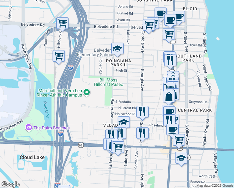 map of restaurants, bars, coffee shops, grocery stores, and more near 838 El Prado in West Palm Beach