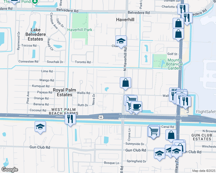 map of restaurants, bars, coffee shops, grocery stores, and more near 5065 Wallis Road in West Palm Beach