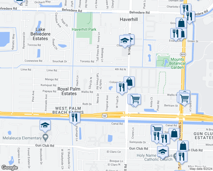 map of restaurants, bars, coffee shops, grocery stores, and more near 300 Holly Drive in West Palm Beach