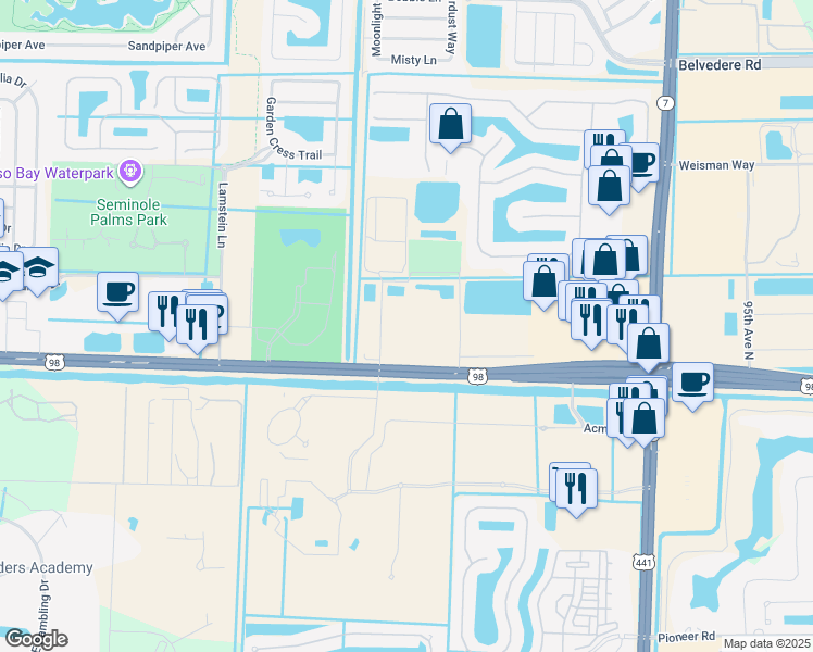 map of restaurants, bars, coffee shops, grocery stores, and more near 10641 Southern Boulevard in Royal Palm Beach