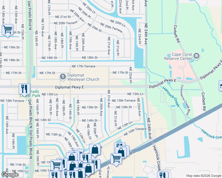 map of restaurants, bars, coffee shops, grocery stores, and more near 2101 Northeast 15th Lane in Cape Coral
