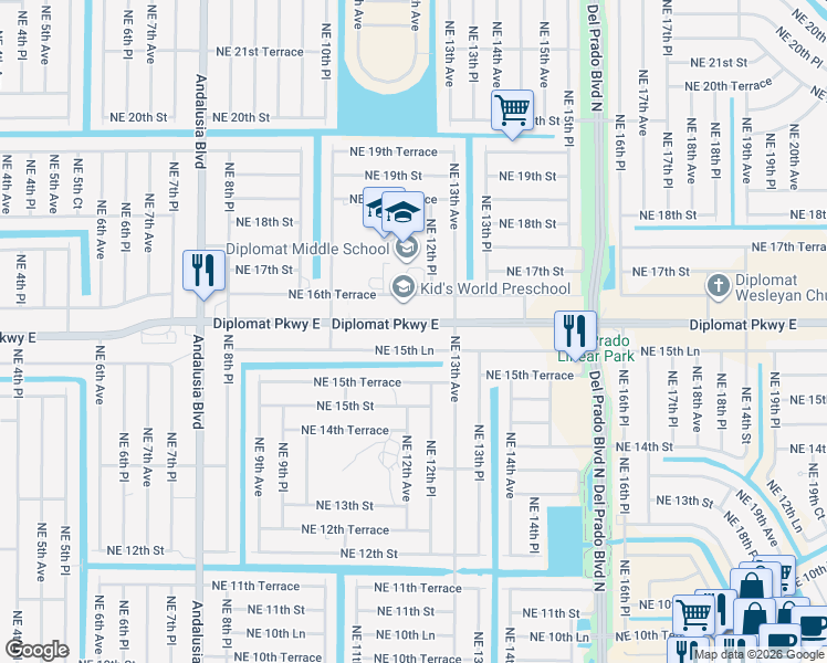 map of restaurants, bars, coffee shops, grocery stores, and more near 1121 Northeast 15th Lane in Cape Coral