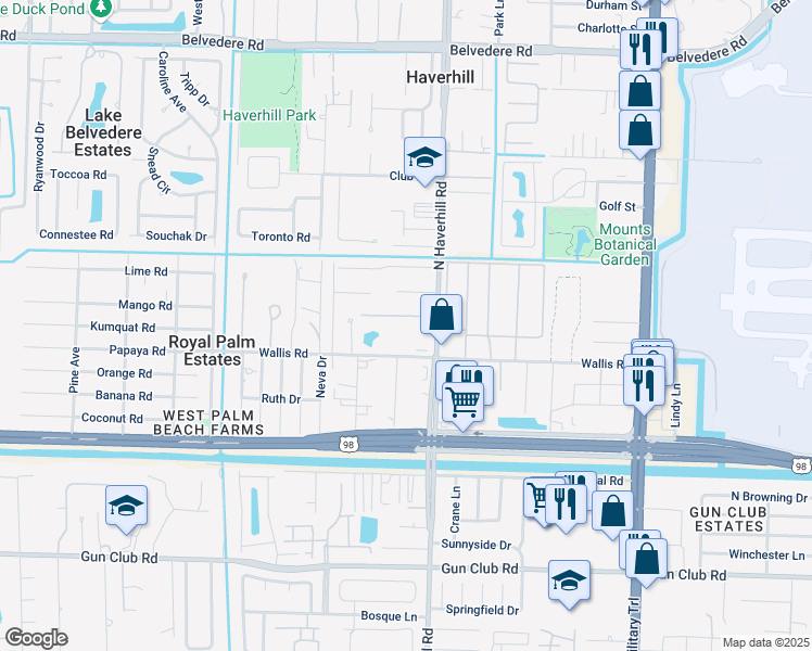 map of restaurants, bars, coffee shops, grocery stores, and more near 5065 Wallis Road in West Palm Beach