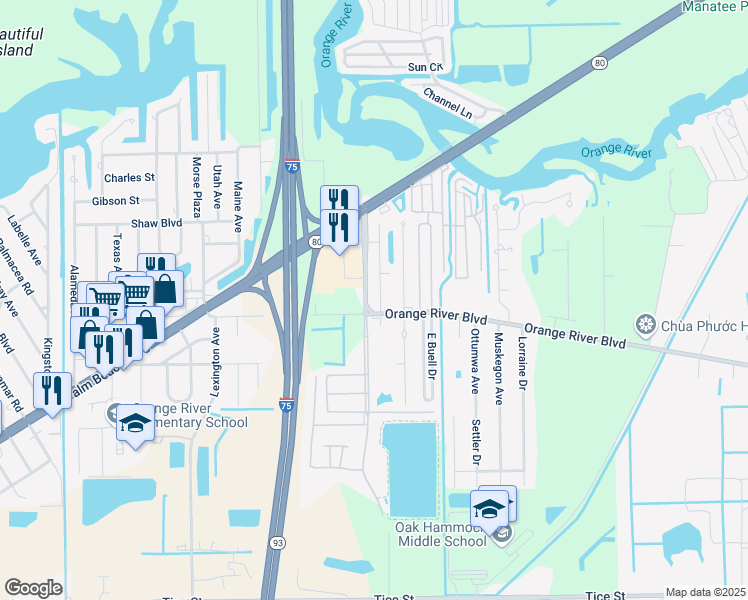 map of restaurants, bars, coffee shops, grocery stores, and more near 9861 Orange River Boulevard in Fort Myers