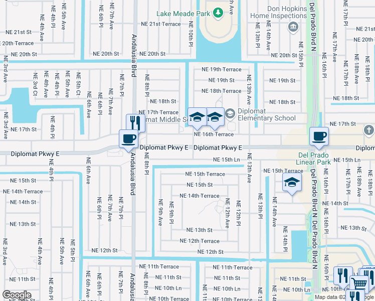 map of restaurants, bars, coffee shops, grocery stores, and more near 1009 Northeast 15th Lane in Cape Coral