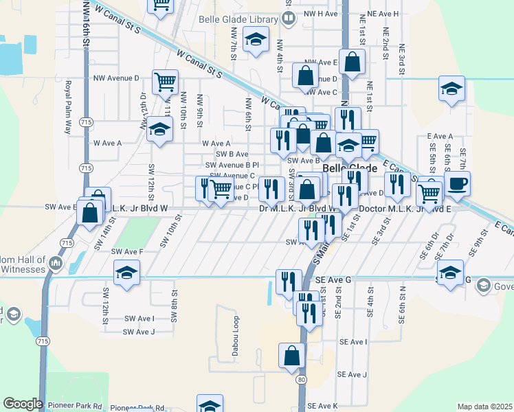 map of restaurants, bars, coffee shops, grocery stores, and more near 516 Southwest Avenue East in Belle Glade