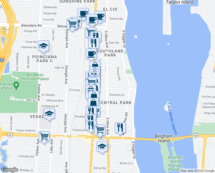 map of restaurants, bars, coffee shops, grocery stores, and more near 228 Greenwood Drive in West Palm Beach
