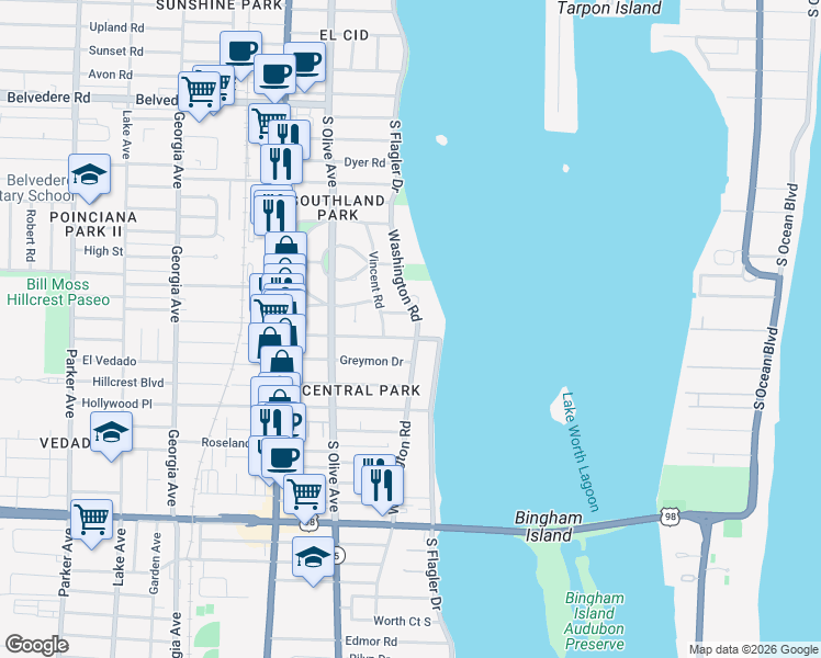 map of restaurants, bars, coffee shops, grocery stores, and more near 3300 Washington Road in West Palm Beach