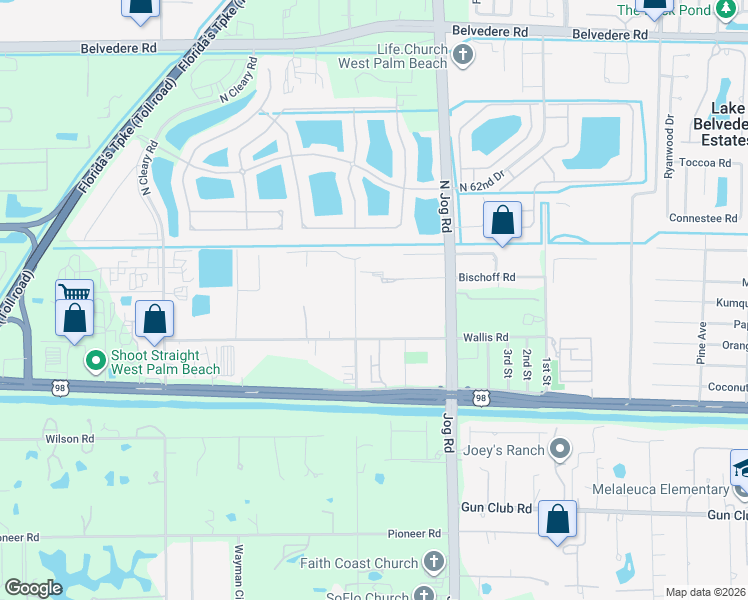 map of restaurants, bars, coffee shops, grocery stores, and more near 6545 Wallis Road in West Palm Beach