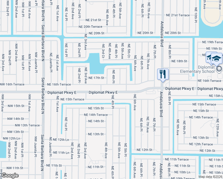 map of restaurants, bars, coffee shops, grocery stores, and more near 406 Diplomat Parkway East in Cape Coral