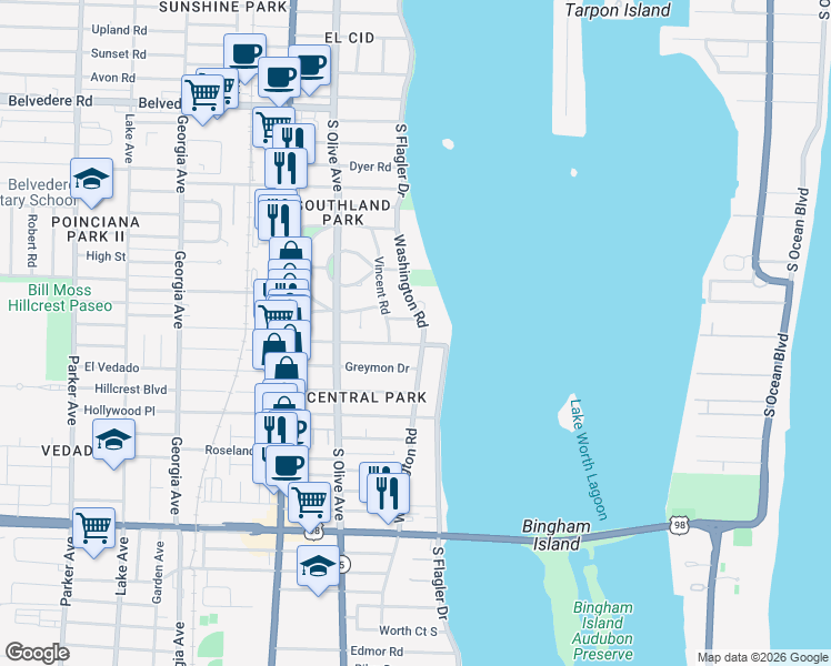 map of restaurants, bars, coffee shops, grocery stores, and more near 3300 Washington Road in West Palm Beach