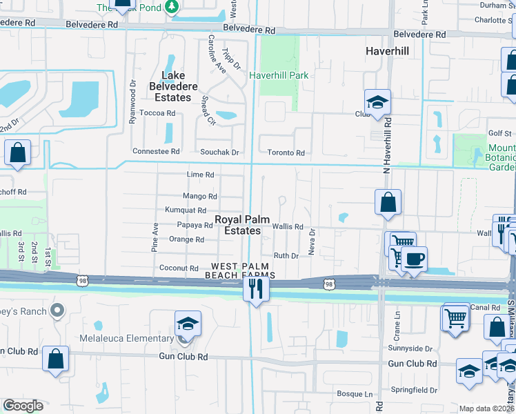 map of restaurants, bars, coffee shops, grocery stores, and more near in Royal Palm Estates