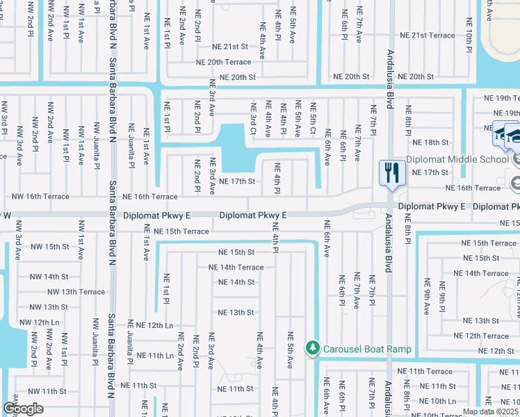 map of restaurants, bars, coffee shops, grocery stores, and more near 406 Diplomat Parkway East in Cape Coral