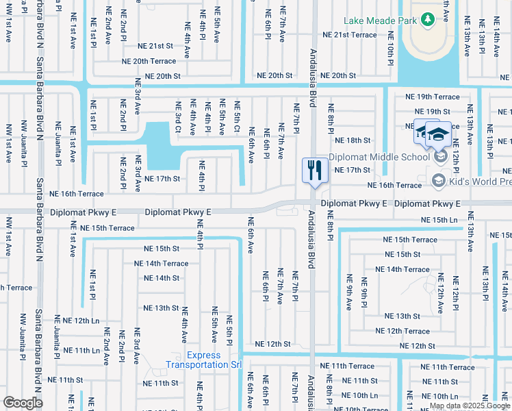 map of restaurants, bars, coffee shops, grocery stores, and more near 614 Diplomat Parkway East in Cape Coral